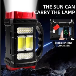 solar-powered outdoor flashlight rechargeable led work light with phone charging for camping, hiking & emergency