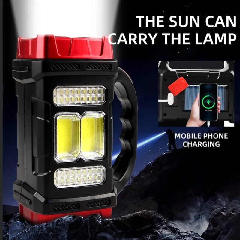 Solar-Powered Outdoor Flashlight Rechargeable LED Work Light with Phone Charging for Camping, Hiking & Emergency