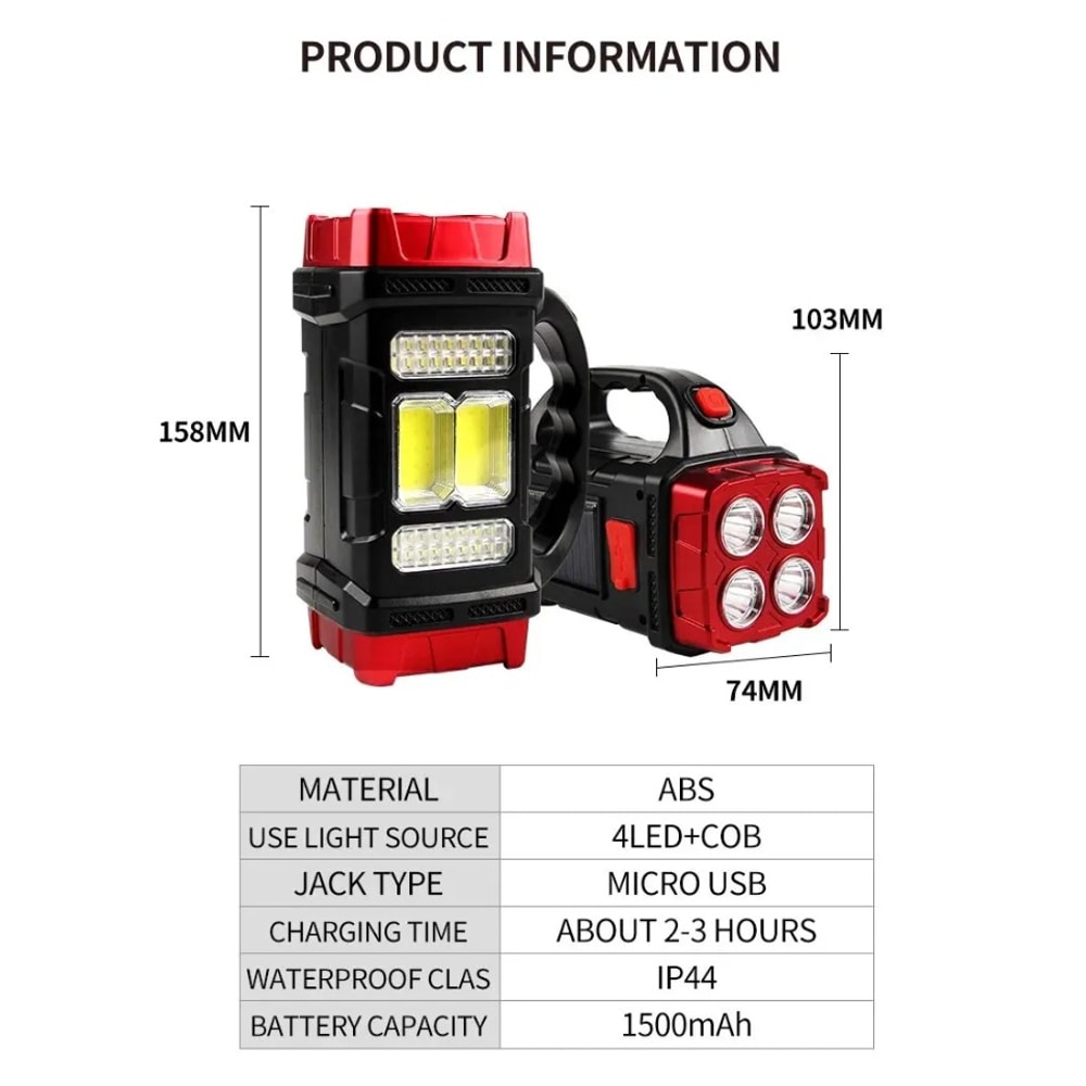 Solar-Powered Outdoor Flashlight Rechargeable LED Work Light with Phone Charging for Camping, Hiking & Emergency