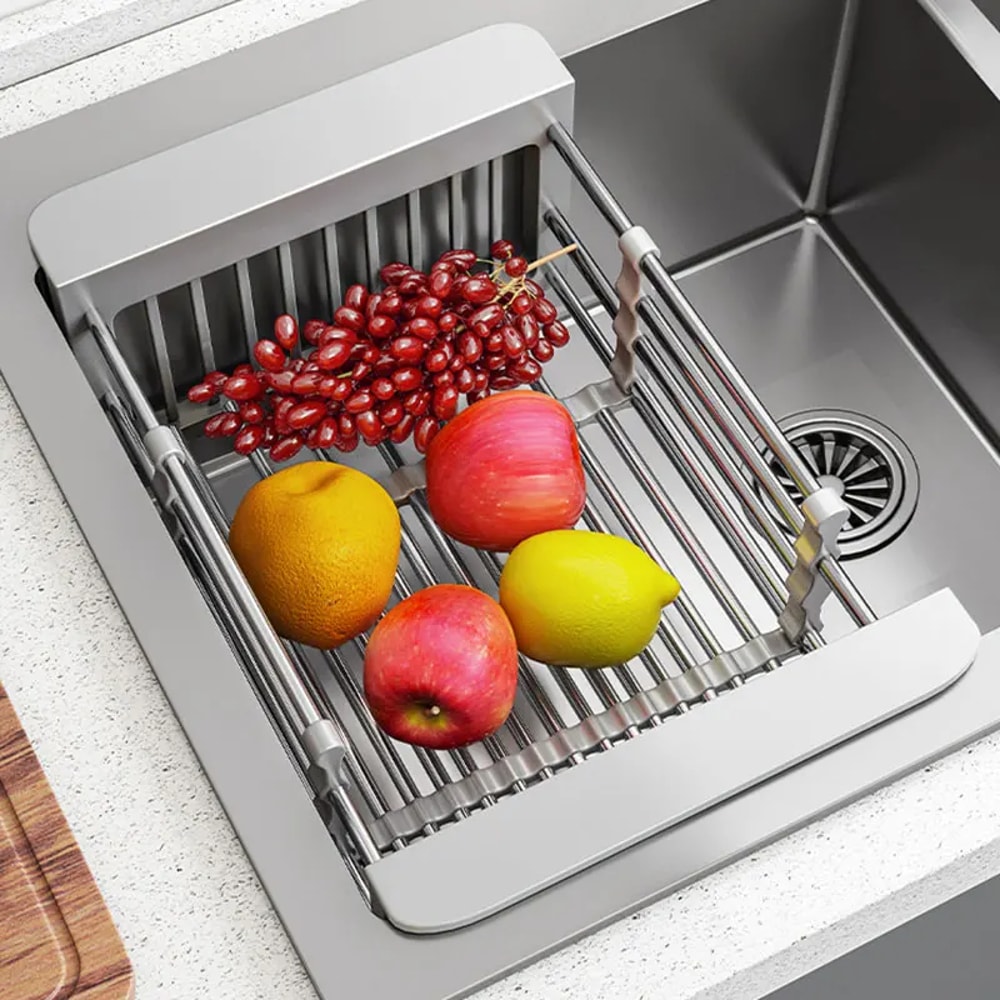 SpaceSaving Folding Kitchen Sink Drain Rack Stainless Steel Dish Organizer 0