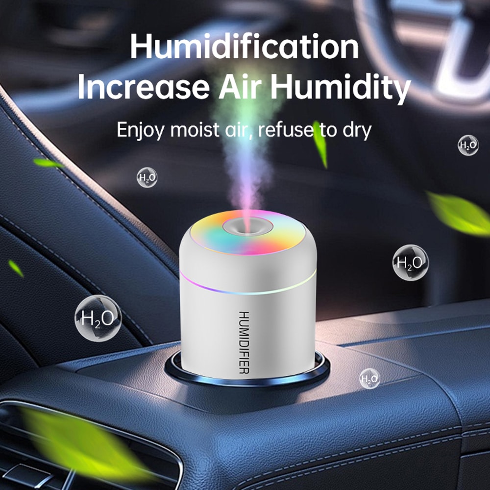 Mini USB Air Humidifier & Essential Oil Diffuser for Car, Home, & Bedroom Aromatherapy Mist Maker with LED Lights