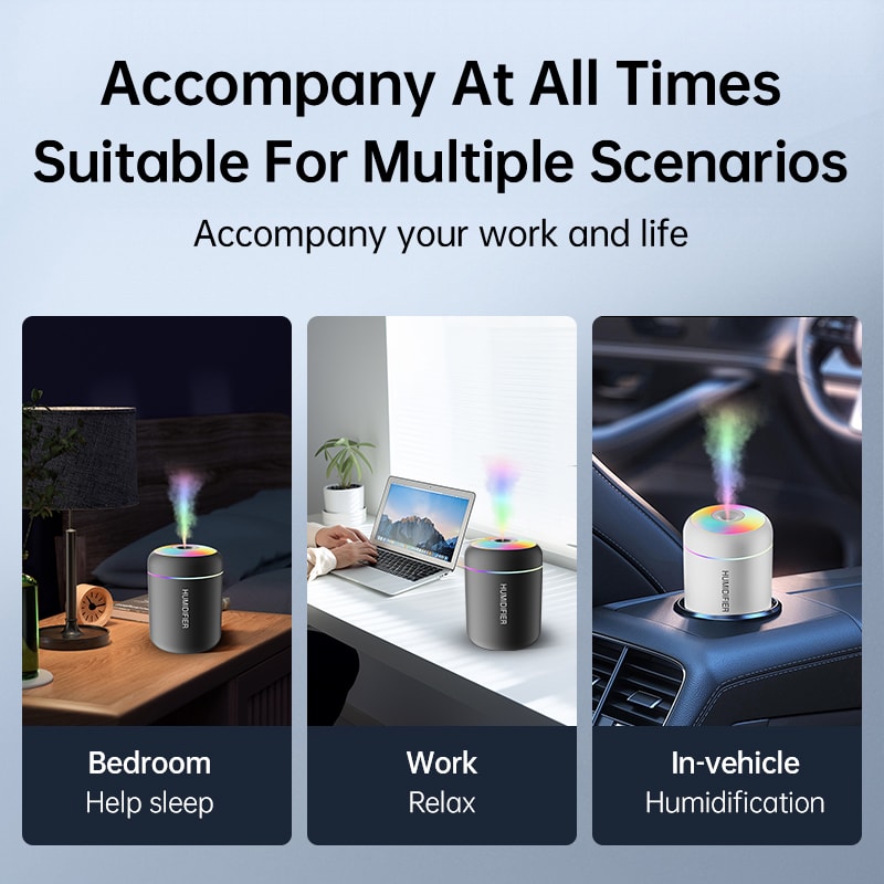 Mini USB Air Humidifier & Essential Oil Diffuser for Car, Home, & Bedroom Aromatherapy Mist Maker with LED Lights