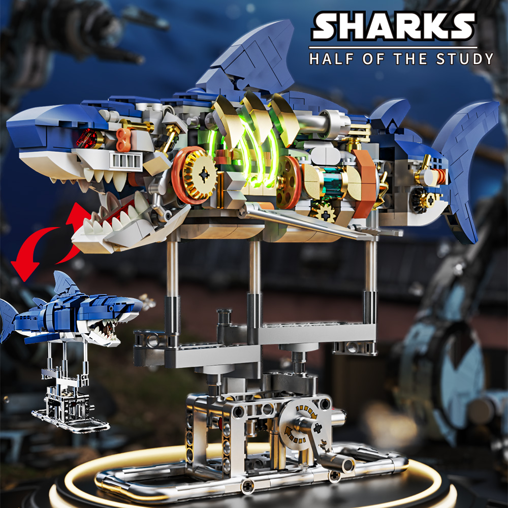 Mechanical Shark Building Set Shark Sea Life Building Blocks Set With Display Stand And Lights Idea 1