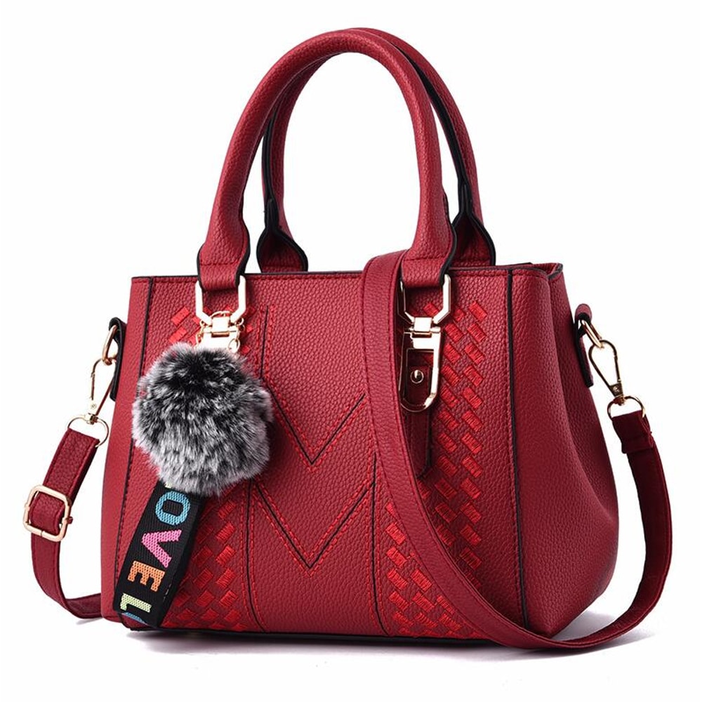 Embroidery Leather Messenger Handbag For Women Stylish Practical Trendy Womens Bag With Hair Ball