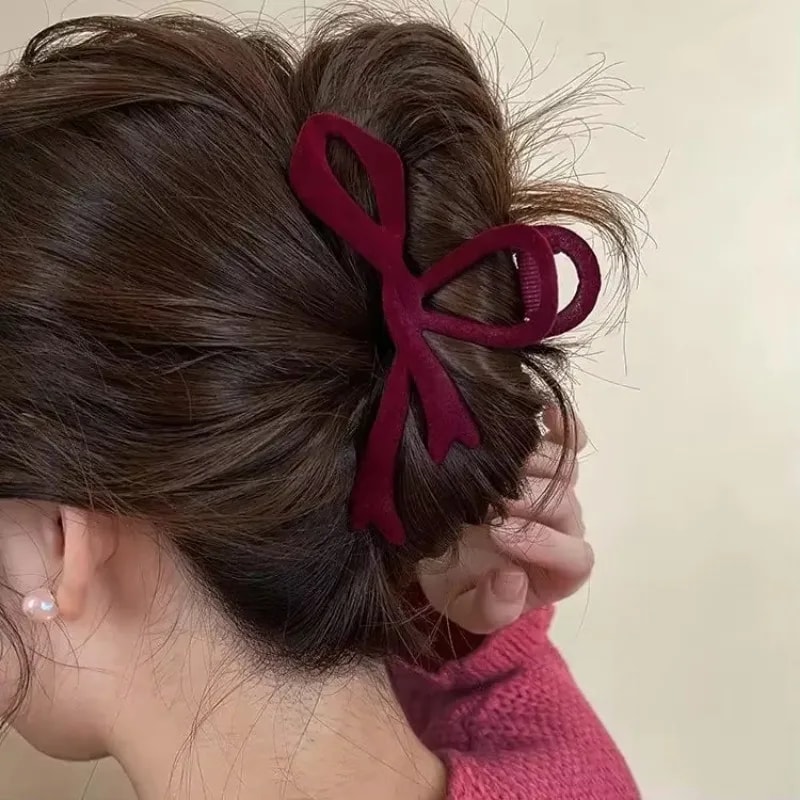 Red Velvet Bow Hair Clip for Women | Elegant Winter Hair Claw Clip | French Hairpin Gift Accessory