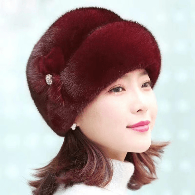 Mink Fur Caps For Women Winter Earflap Fisherman Hat Floral Basin Earwarmer 5