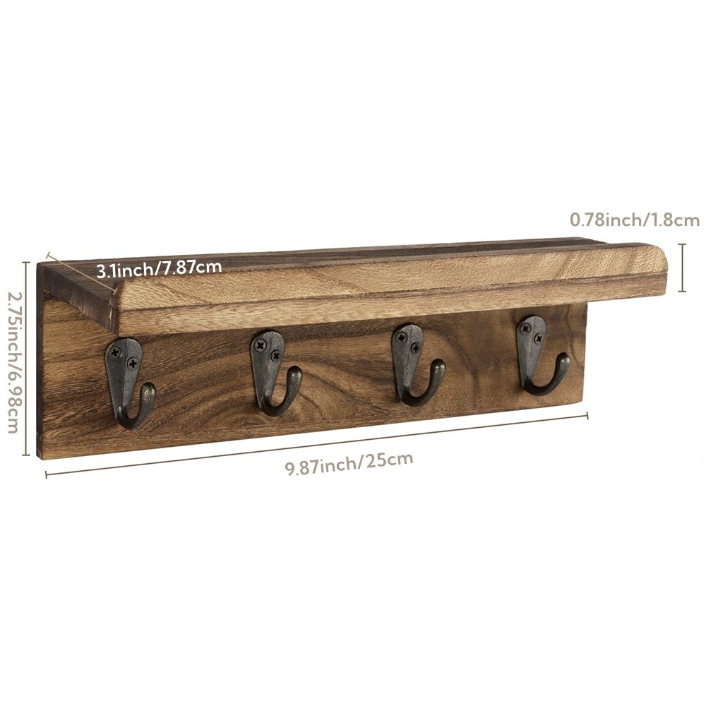 Rustic Wood Key Holder Wall Shelf Farmhouse Floating Home with Hooks