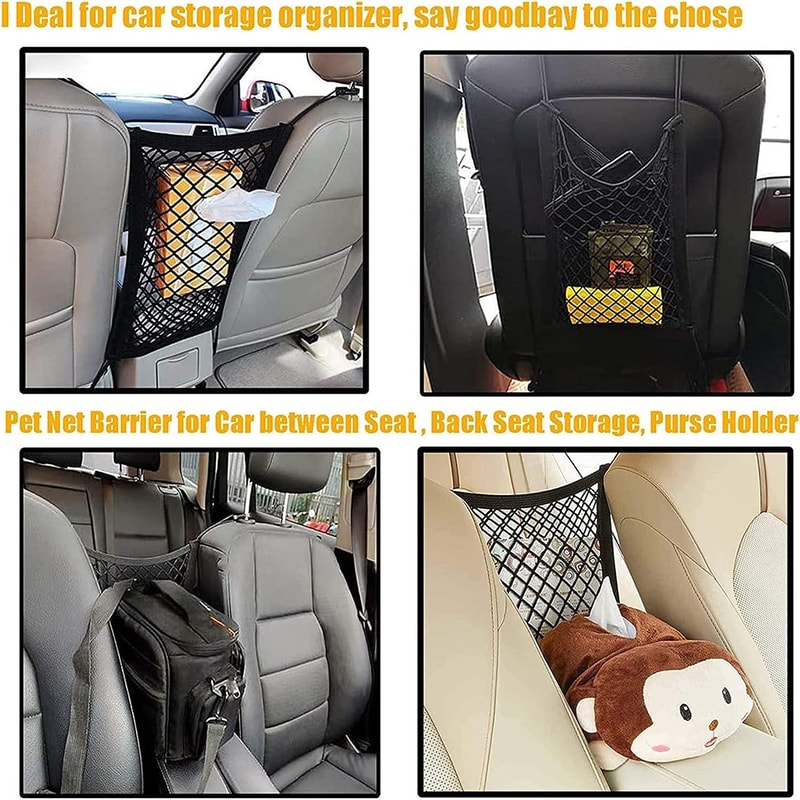 Pet Car Barrier with Automatic Safety Mesh Storage Bag Back Seat Protector for Dogs