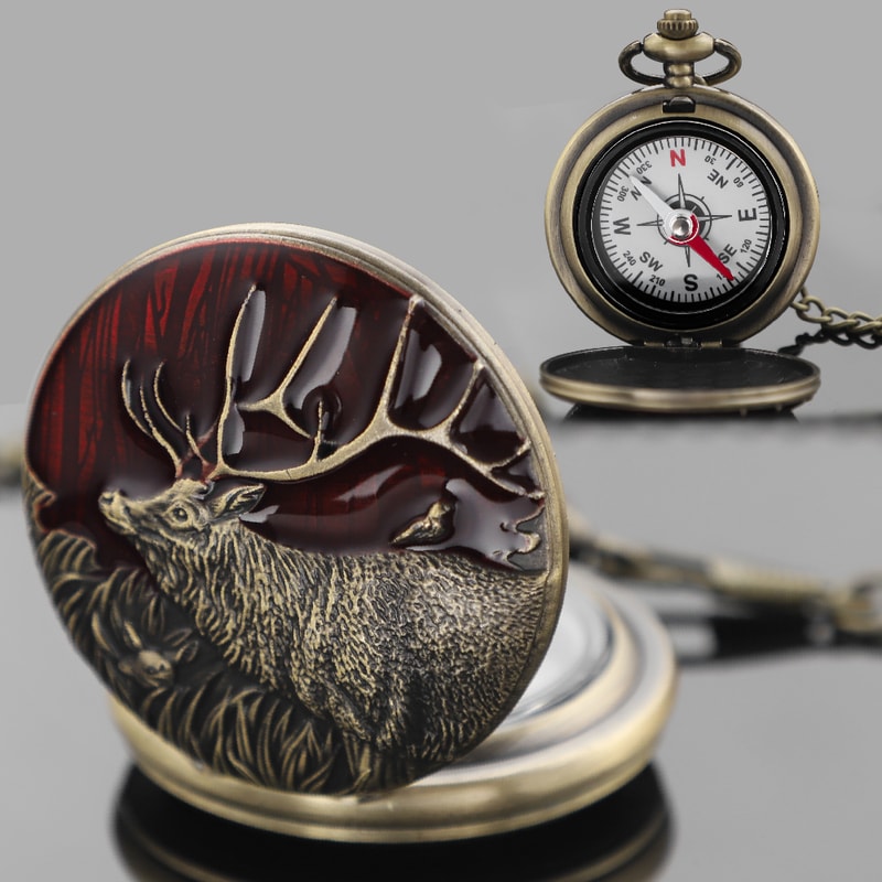 Vintage Deer Design Pocket Compass Watch Outdoor Camping Hiking Gift For Men And Women 0