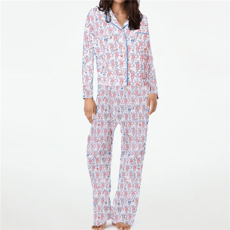 Roller Rabbit Monkey Pajamas Preppy Pjs Cute Pj Pants Sets For Women Y2k Long Sleeve Pajamas Set 2