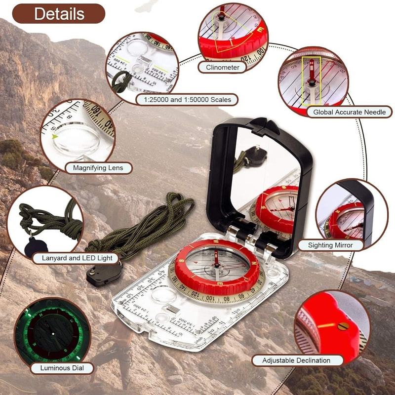 Multifunctional Camping Survival Compass with Adjustable Declination, Clinometer & LED Light Durable Outdoor Compass