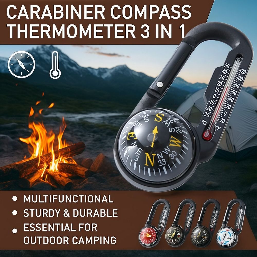 Multifunctional Survival Carabiner Keychain with Compass and Thermometer