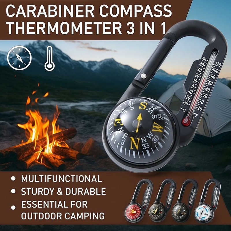 Multifunctional Survival Carabiner Keychain with Compass and Thermometer