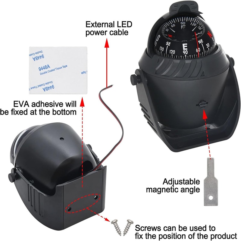 Boat Navigation Compass with LED Light High Precision Pivoting, Flush Mount for Marine Vehicle Dashboards