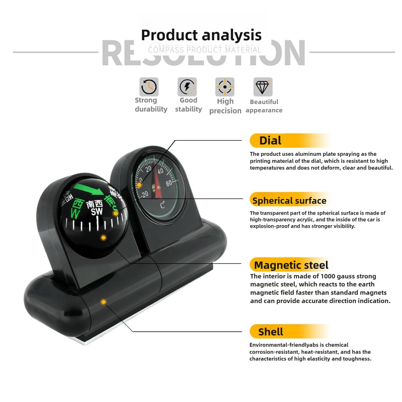 Rotatable Car Compass with Thermometer High Accuracy Dashboard Accessory for Auto Navigation