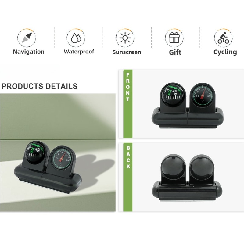 Rotatable Car Compass with Thermometer High Accuracy Dashboard Accessory for Auto Navigation