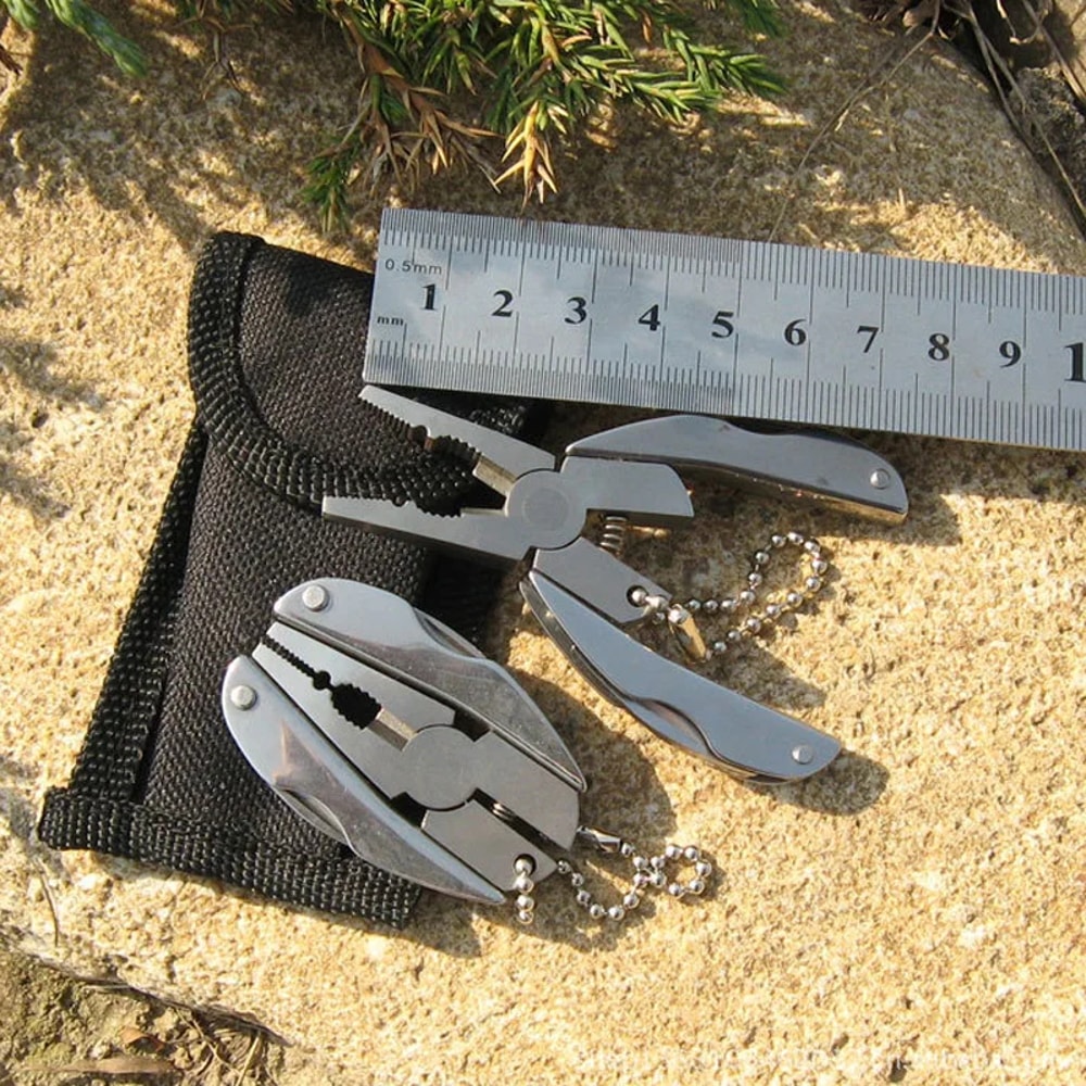Portable Stainless Steel Multi-tool Kit Folding Plier, Keychain Screwdriver, & Survival Knife for Travel and Camping