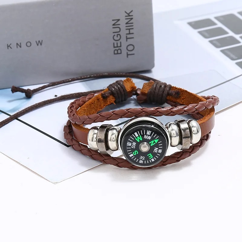 Beaded Cowhide Leather Bracelet with Compass Perfect for Outdoor Adventures