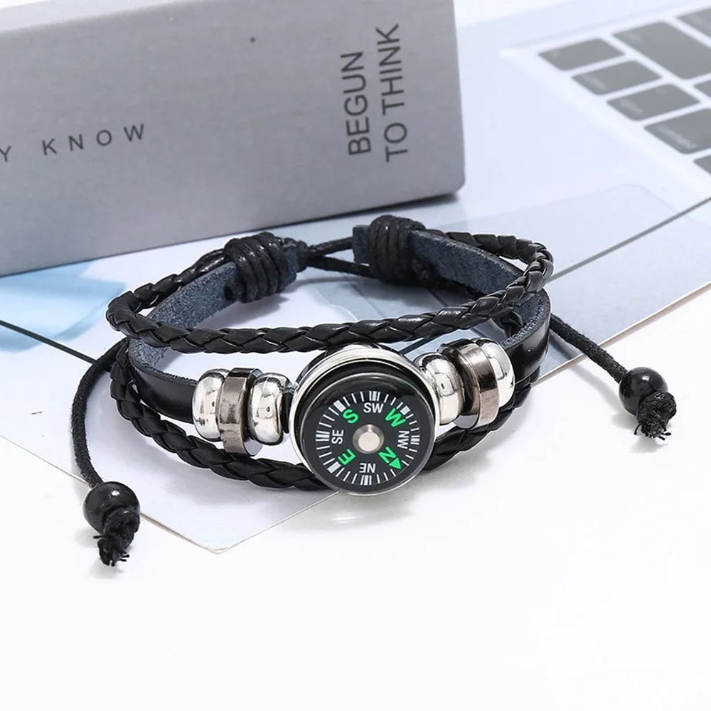 Beaded Cowhide Leather Bracelet with Compass Perfect for Outdoor Adventures