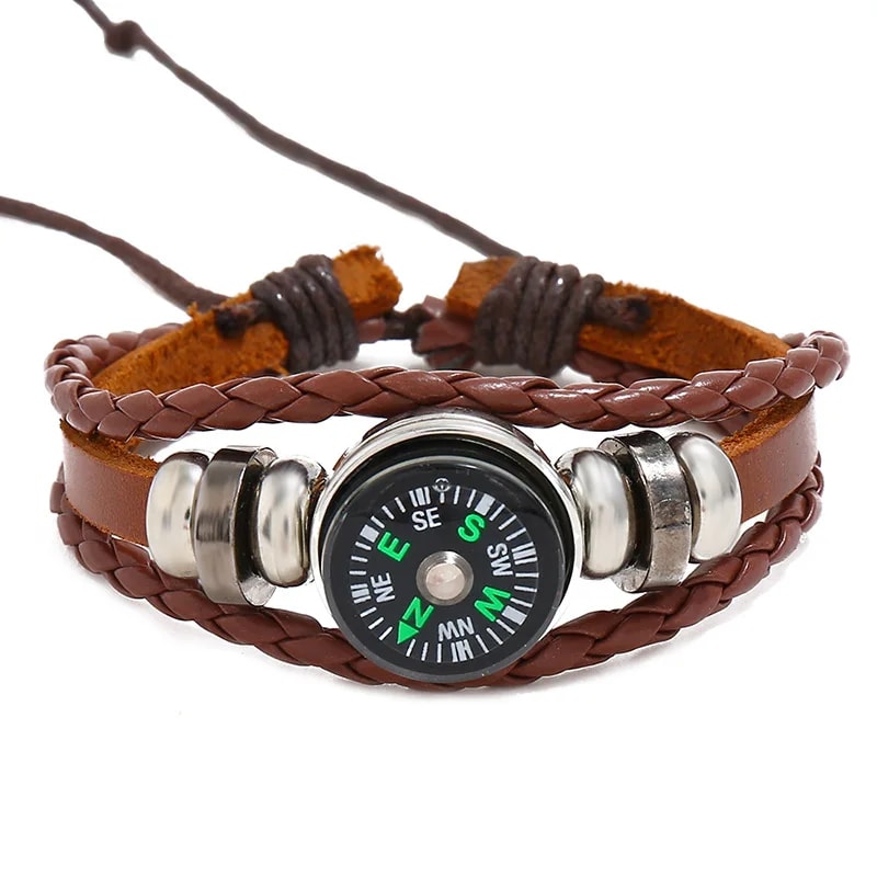 Beaded Cowhide Leather Bracelet with Compass Perfect for Outdoor Adventures