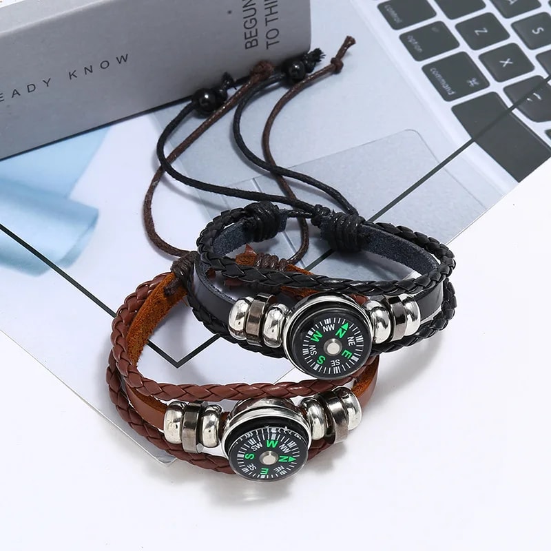 Beaded Cowhide Leather Bracelet with Compass Perfect for Outdoor Adventures