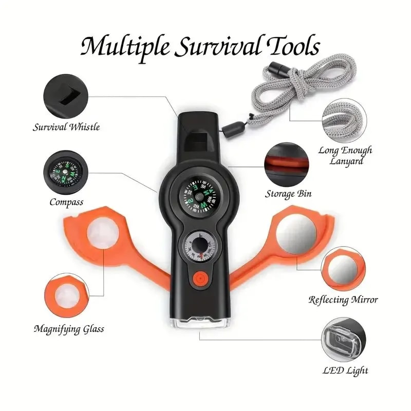 All In One Survival Whistle Tool with Compass Flashlight and Emergency