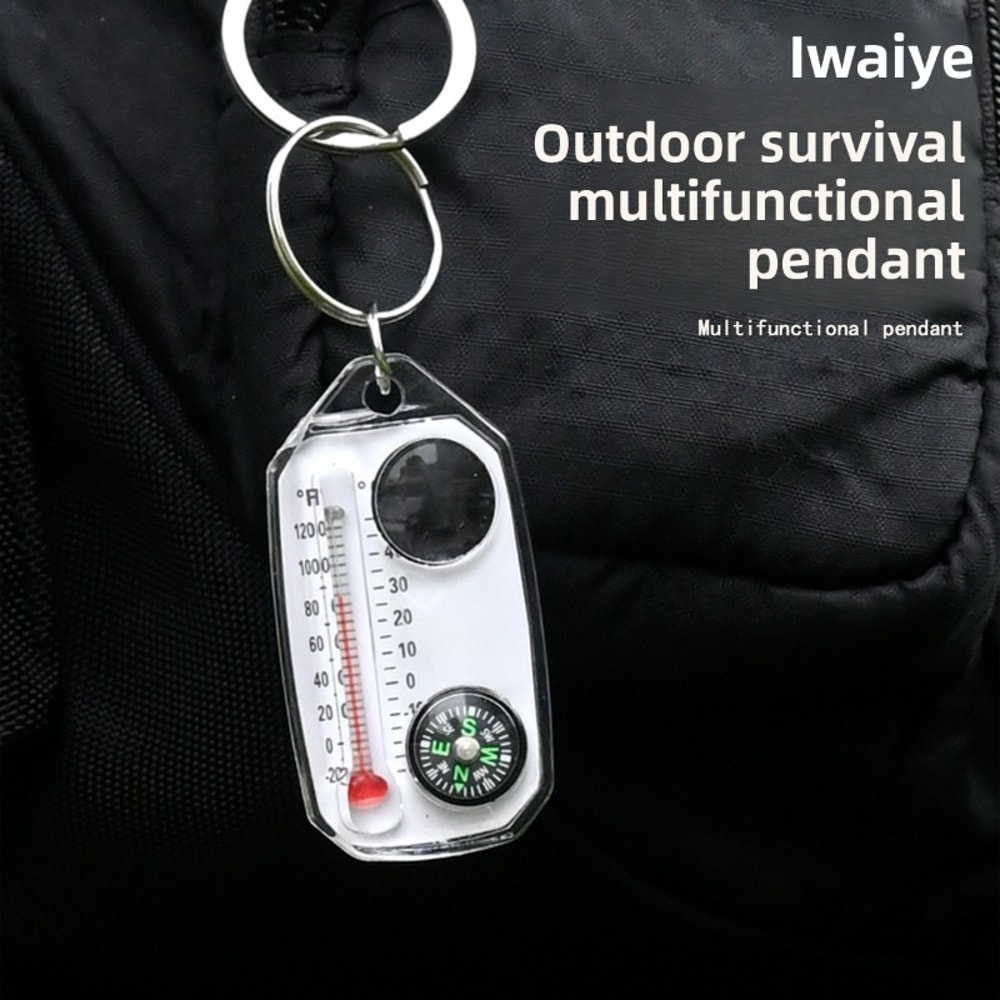 Mini Portable Compass Keychain Survival Tool with Thermometer and Magnifier for Hiking Camping Navigation