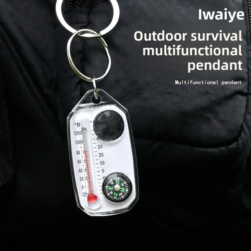 Mini Portable Compass Keychain Survival Tool with Thermometer and Magnifier for Hiking Camping Navigation