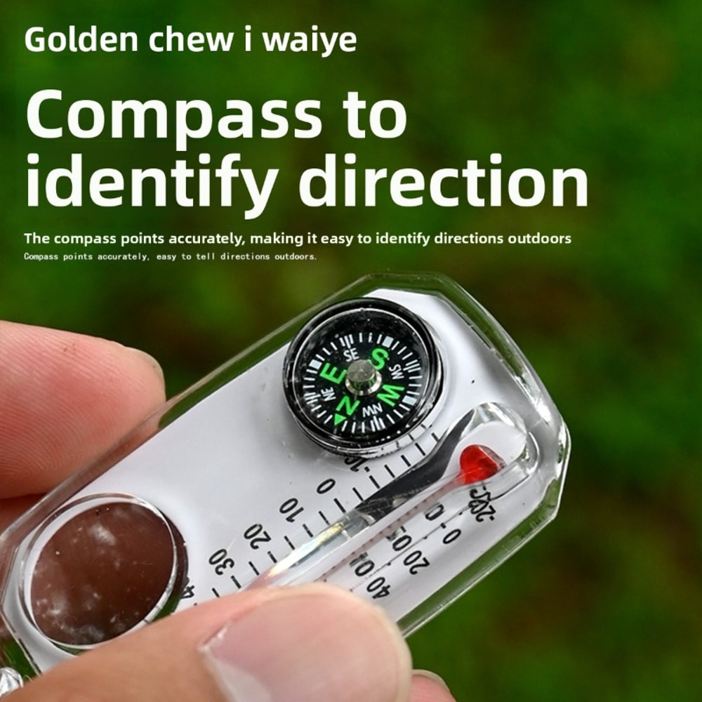 Mini Portable Compass Keychain Survival Tool with Thermometer and Magnifier for Hiking Camping Navigation