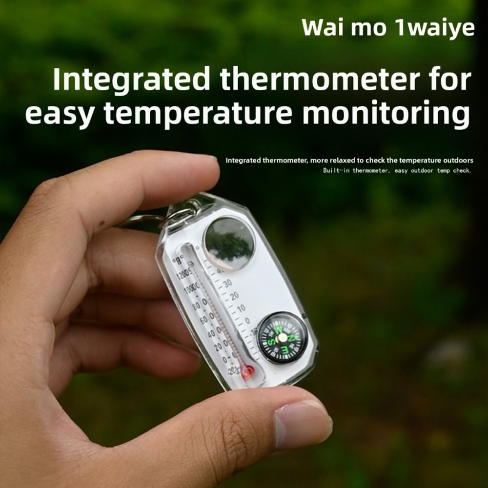 Mini Portable Compass Keychain Survival Tool with Thermometer and Magnifier for Hiking Camping Navigation