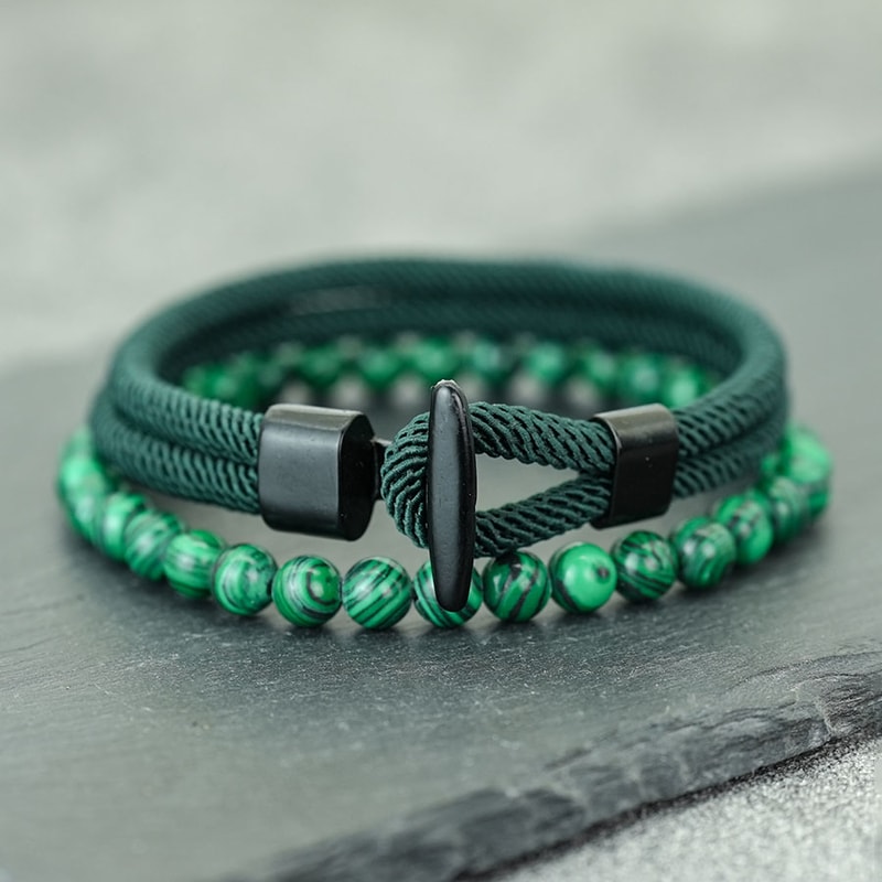 Men Nautical Rope Bracelet with Natural Malachite Beads Handmade Hook Clasp