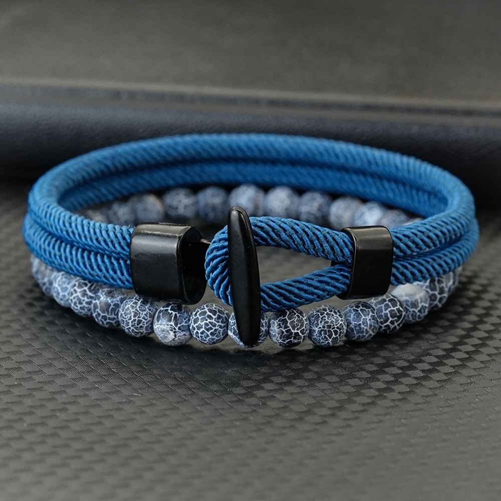 Men Nautical Rope Bracelet with Natural Malachite Beads Handmade Hook Clasp