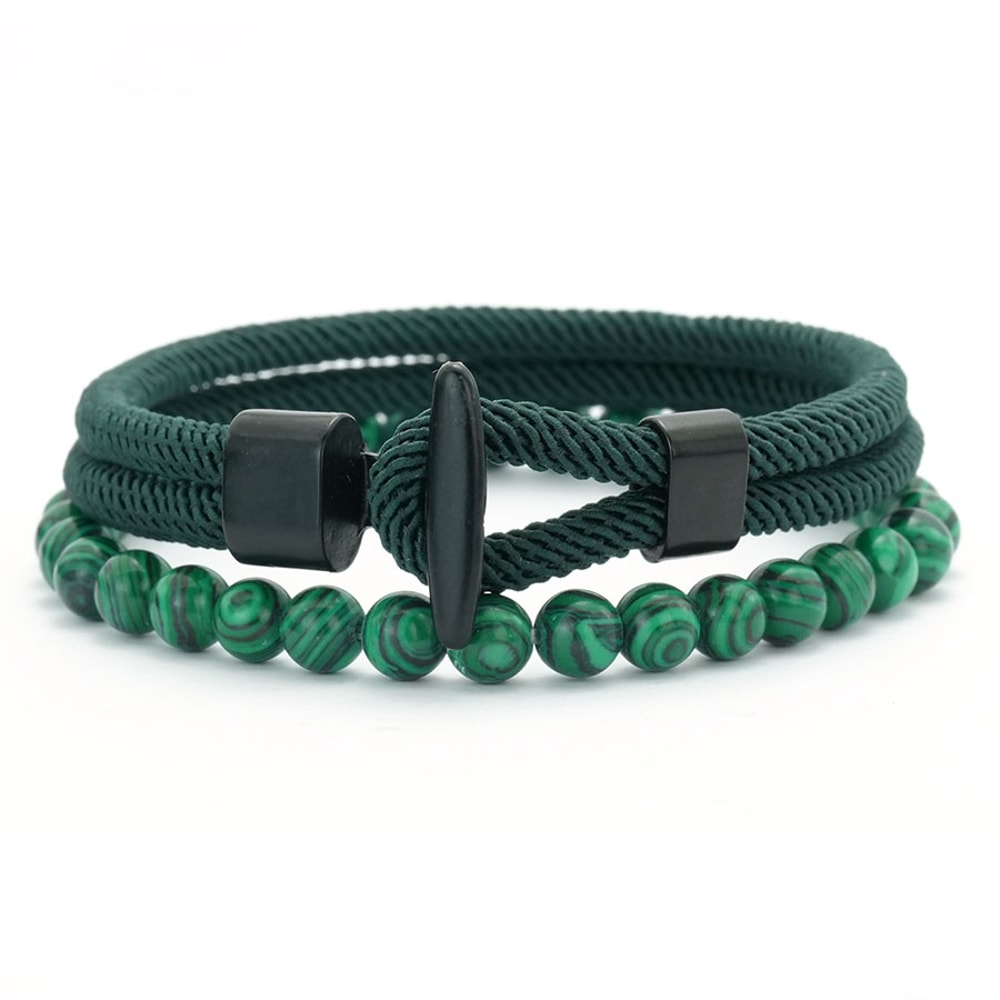 Men Nautical Rope Bracelet with Natural Malachite Beads Handmade Hook Clasp