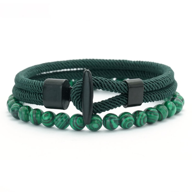Men Nautical Rope Bracelet with Natural Malachite Beads Handmade Hook Clasp