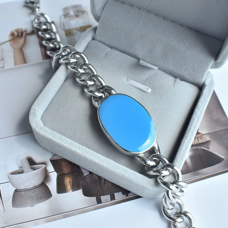 Salman Khan Inspired Blue Enamel Cuban Chain Bracelet for Men Stainless Steel Style Jewelry