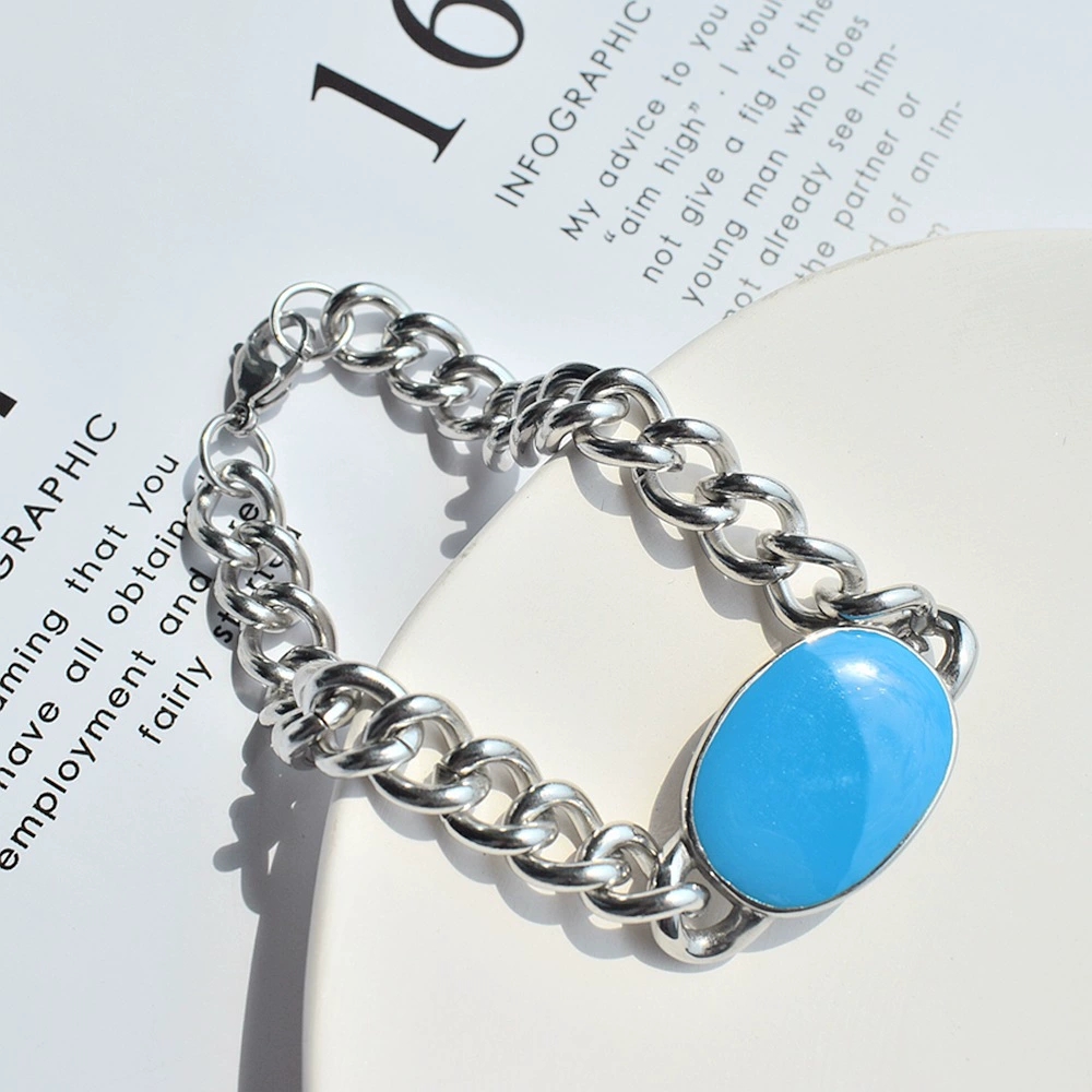 Salman Khan Inspired Blue Enamel Cuban Chain Bracelet for Men Stainless Steel Style Jewelry