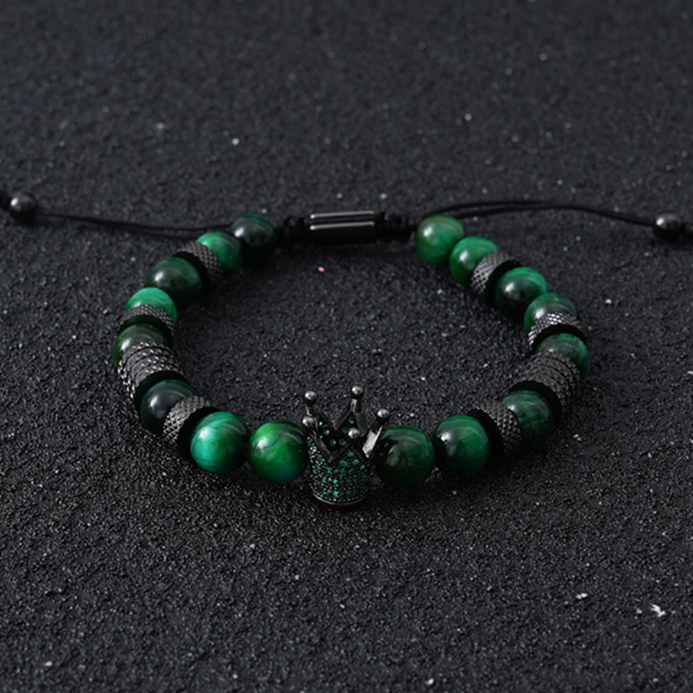 Tiger Eye Bead Bracelet with Crown Charm Stainless Steel Adjustable Unisex Jewelry Gift
