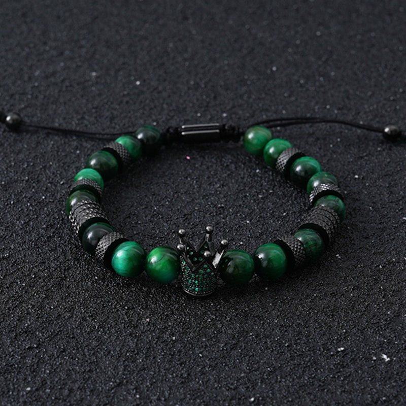 Tiger Eye Bead Bracelet with Crown Charm Stainless Steel Adjustable Unisex Jewelry Gift