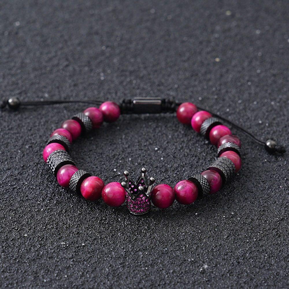 Tiger Eye Bead Bracelet with Crown Charm Stainless Steel Adjustable Unisex Jewelry Gift