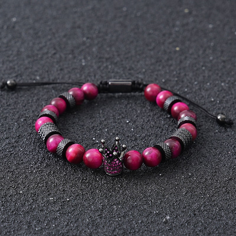 Tiger Eye Bead Bracelet with Crown Charm Stainless Steel Adjustable Unisex Jewelry Gift