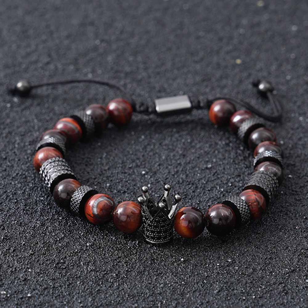 Tiger Eye Bead Bracelet with Crown Charm Stainless Steel Adjustable Unisex Jewelry Gift