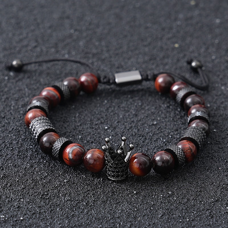 Tiger Eye Bead Bracelet with Crown Charm Stainless Steel Adjustable Unisex Jewelry Gift