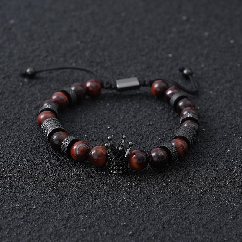 Tiger Eye Bead Bracelet with Crown Charm Stainless Steel Adjustable Unisex Jewelry Gift