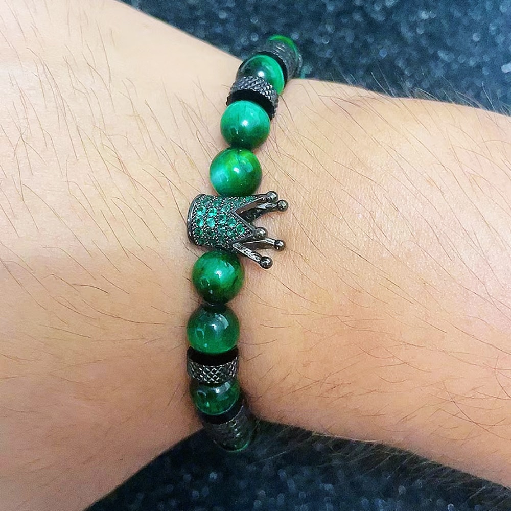 Tiger Eye Bead Bracelet with Crown Charm Stainless Steel Adjustable Unisex Jewelry Gift