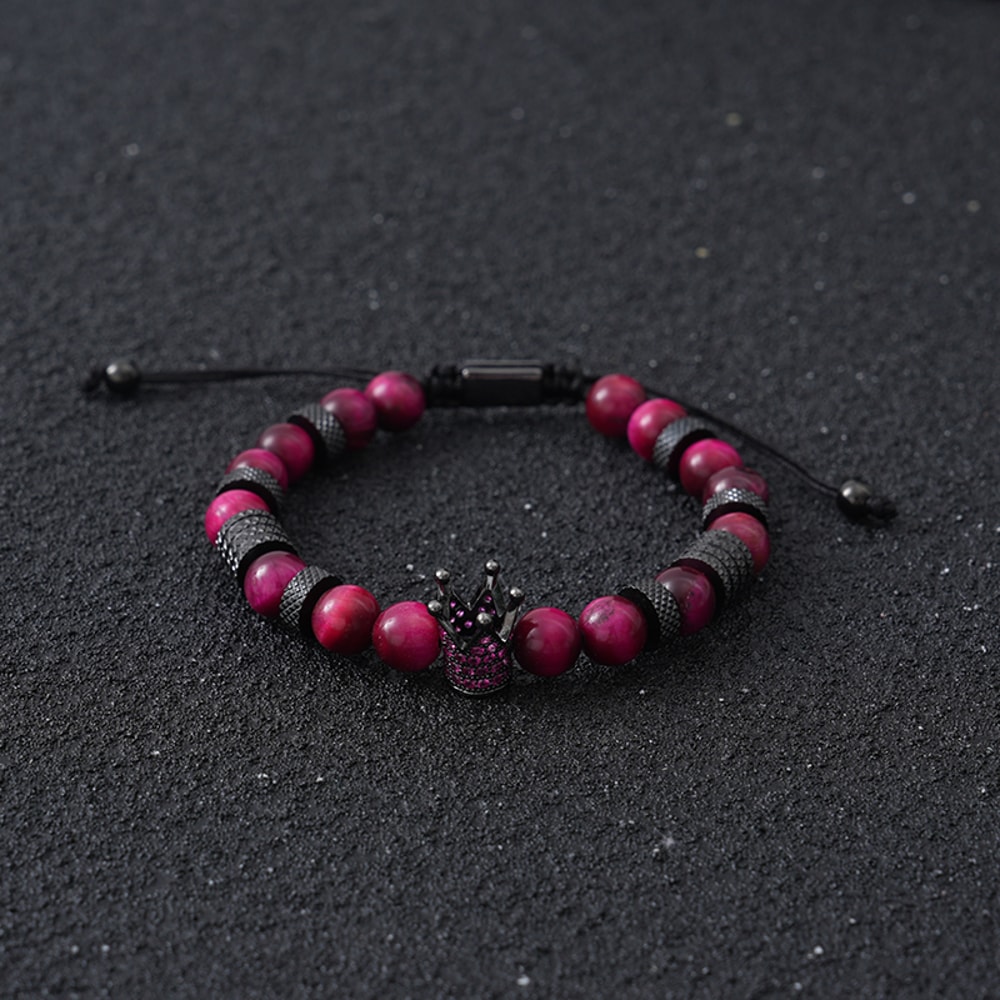 Tiger Eye Bead Bracelet with Crown Charm Stainless Steel Adjustable Unisex Jewelry Gift