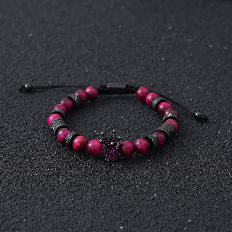 Tiger Eye Bead Bracelet with Crown Charm Stainless Steel Adjustable Unisex Jewelry Gift