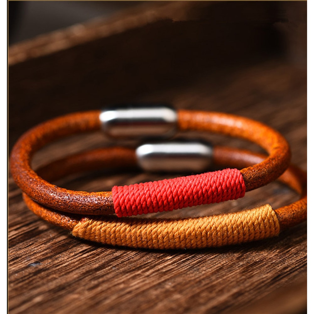 Handwoven Leather Rope Bracelet Vintage Boho Couple Wristband Adjustable Cowhide Bracelet