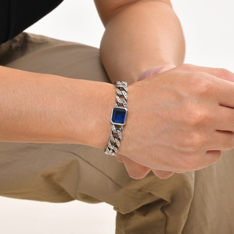 Chunky Cuban Chain Bracelet for Men Stainless Steel Cuban Link Wristband with Blue Stone