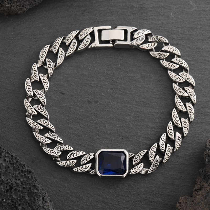 Chunky Cuban Chain Bracelet for Men Stainless Steel Cuban Link Wristband with Blue Stone