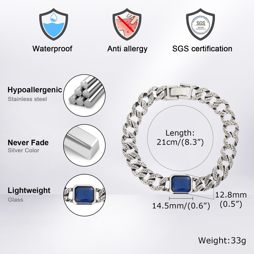 Chunky Cuban Chain Bracelet for Men Stainless Steel Cuban Link Wristband with Blue Stone